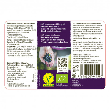 Jus Myrtilles des bois Bio*