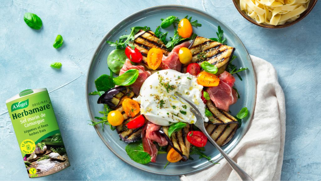 Recette aubergine mozarella salade avec Herbamare