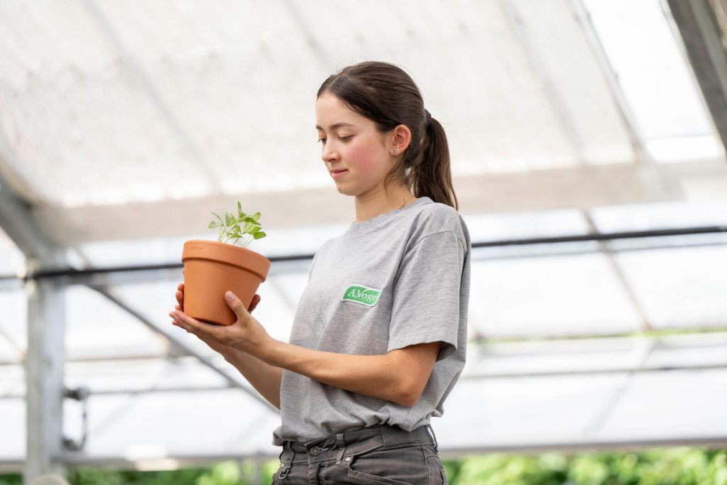 Jeune fille dans les serres A.Vogel qui cultive des plantes en pot