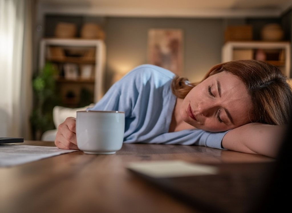 Femme de 45 ans affalée sur sa table de la cuisine de fatigue