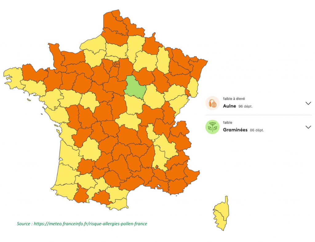 Carte de France montrant les niveaux de risque d'allergies aux pollens dans les différents départements