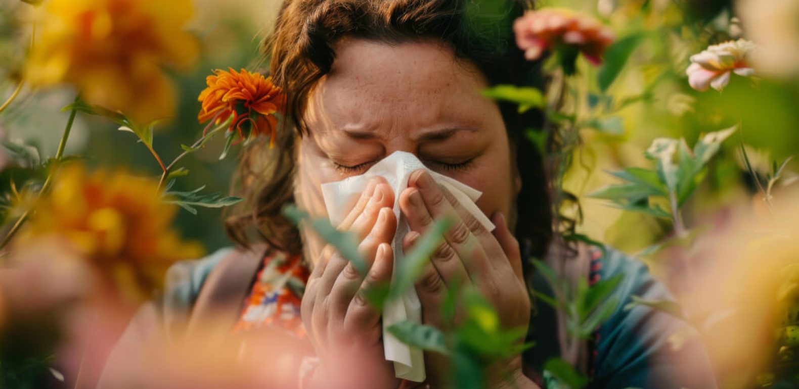Femme allergique dans un champ de fleur