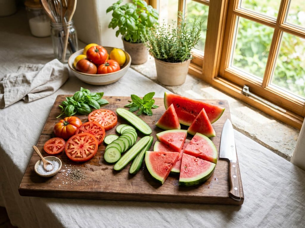 Tomate, concombre, pastèque