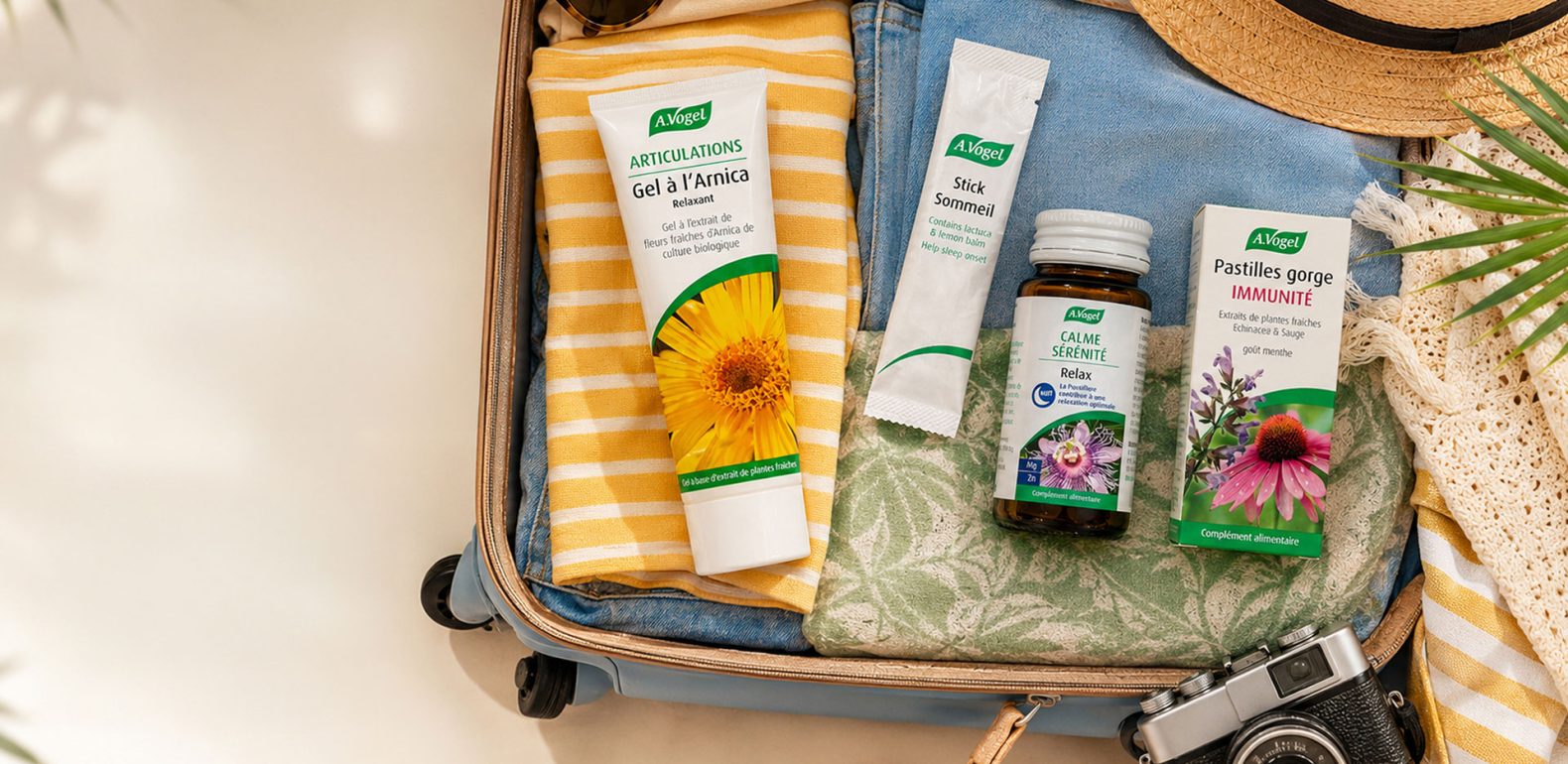 Valise avec arnica, stick sommeil, spray gorge